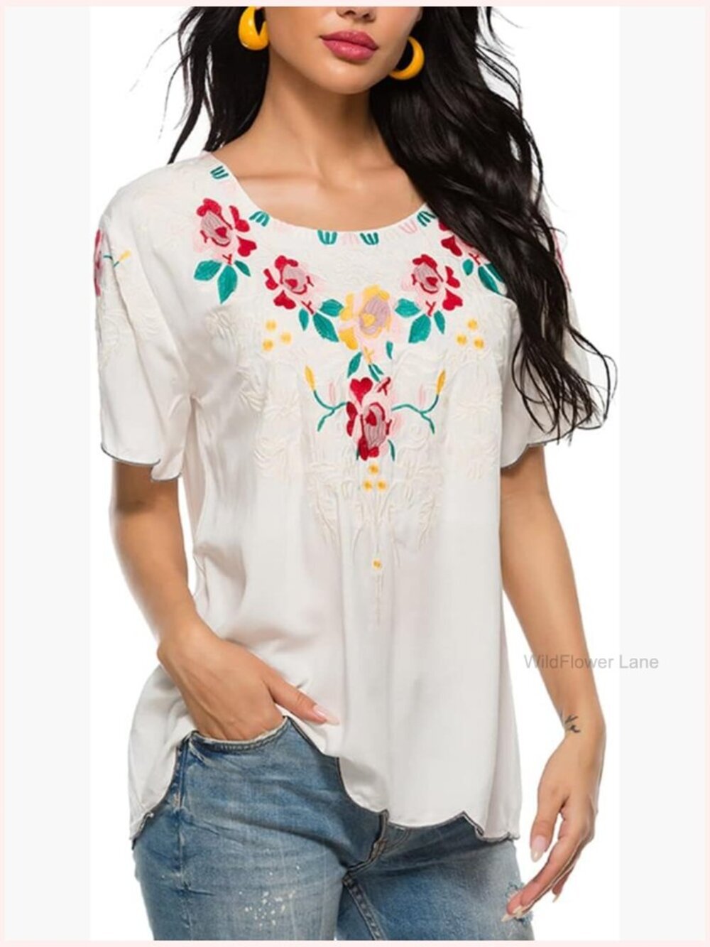Boho Embroidered V Neck Blouse Short Sleeve Casual Tunic Top